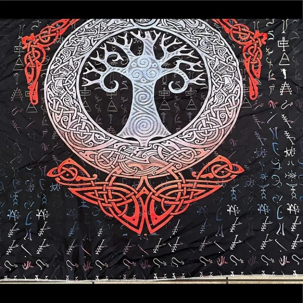 Black White and Red Nordic Norse Mythology Ruins Large Tapestry